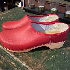 Red Wood and Leather Clogs
